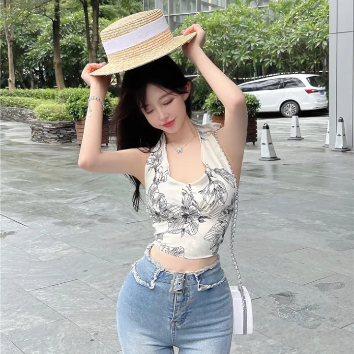 เสื้อสายเดี่่ยวคล้องคอ ผูกเชือกด้านหลัง เสื้อมีฟองน้ำลายดอกไม้ Y206 ...