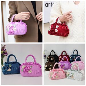 CUTE DIY Leaf Hanfu Rose Flower Handbag Ruffle Satin Silk Zipper Flower Tote Bag Fashion Storage Bag Ethnic Style Wrist Bag Outdoor