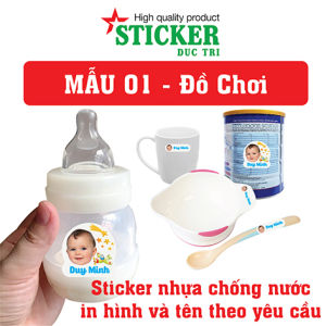 Sticker Tên và ảnh Bé dán bình sữa thìa bát ăn dặm (Decal nhựa chống nước)