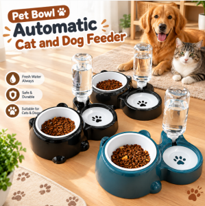 Pet Bowl for Cat Dog 500ml Water Dispenser Automatic Food Feeder with Water Bottle