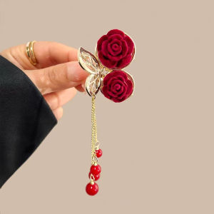 Jepit rambut mawar merah berbondong-bondong / jepit rambut mawar mutiara berlian / jepit rambut rumbai mode 🌷Waroomy