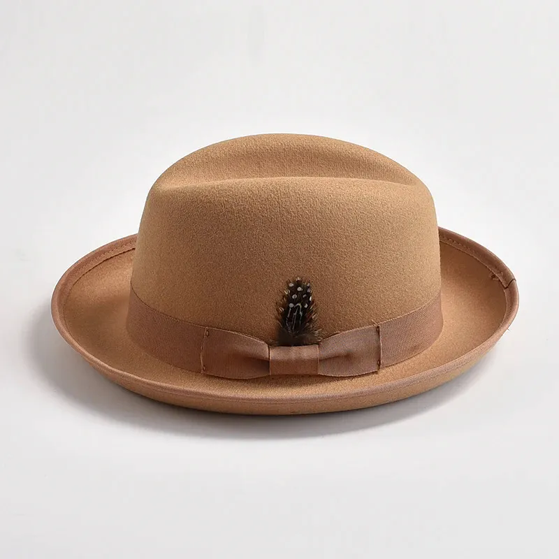New British Style Wool Felt Fedora Hats for Men Roll Up Brim