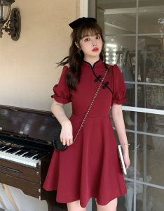 Cocoepps sườn xám cho phụ nữ 2023 mới Retro giảm béo eo sườn xám cách tân đứng cổ áo bong bóng Đầm có tay ngắn