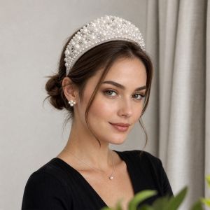 WNV55 Luxurious Pearl Headbands Puffy Vintage Sponge Hair Hoop Crystal Hairbands Handmade Baroque Headwear Bridal