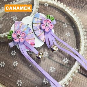 【CANAMEK】 Japanese Kimono Fabric Flower Folding Fan Children Hair Accessories Clip Tassel Headwear Headdress Barrette
