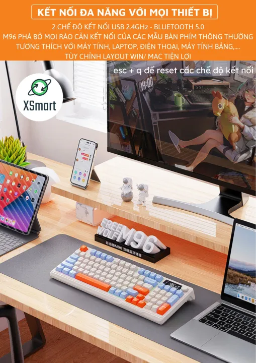 Bộ Bàn Phím Không Dây Bluetooth M96 LED 7 Màu Có Màn Hình, 2 Mode, Phím PBT Cao Cấp, Gõ Êm Chống Ồn Cho Win/ Mac OS | BigBuy360 - bigbuy360.vn