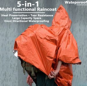 5in1 Outdoor Portable Emergency Raincoat Reusable Thermal Blanket Lightweight Windproof Raincoat Cold Insulation