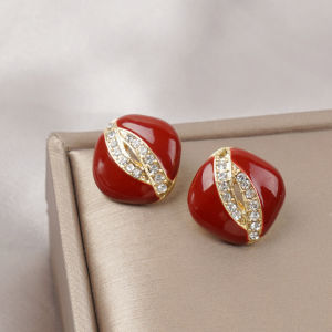 Fashionable Ring Gift 真金电镀镶钻S925银针耳钉女小众设计高级感轻奢个性方形红色耳环