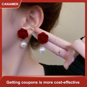 【CANAMEK 】 Wine Red Rose Flower Earrings Retro Wedding Ear Studs Chinese New Year Jewelry Earring