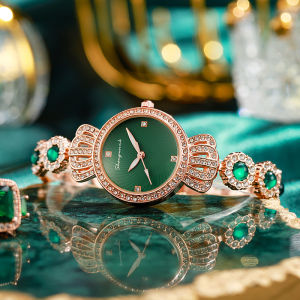 Jam Tangan Wanita Diamond Permata Hijau Mewah Bercahaya Asli Tahan Air Quartz Analog Premium Quality Original Stainless Steel Titanium Anti Karat Waterproof Aksesoris Arloji Woman Watches Kasual Impor Korean Style Cewek Dewasa Kondangan -JWT10