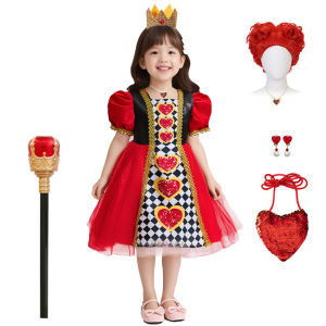 Girls Red Queen Dress Up Costume Alice Wonderland Fairy Dress Red Patchwork Plaid Fluffy Gown Halloween Party Elegant Outfits