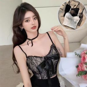 EASYTREND แท็งก์ เสื้อชั้นในลูกไม้แขนกุด โบว์สำหรับผูก เหมาะกับการแต่งตัวทุกสไตล์ บราสายเดี่ยวพร้อมแผ่นรอง เกาหลีแบบเกาหลี สไตล์สาวเผ็ด ท็อปส์ซูพืชบาง สำหรับผู้หญิง