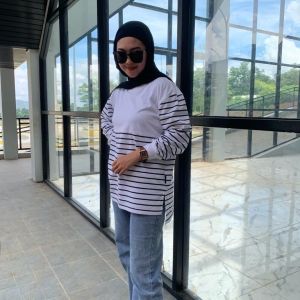 Terlaris Kaos Oversize Wanita Kombinasi Salur Lengan Lengan Panjang