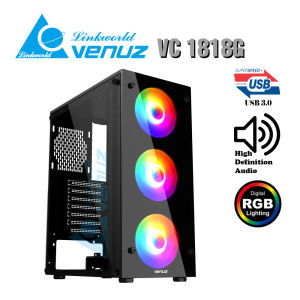 VENUZ ATX Tempered Glass Computer Case VC1818G with 3x Rainbow RGB Fan - Black