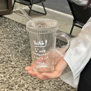 Simple Alphabet Glass With Lid Anti-scald Bandle Water Cup With Straw Juice Milk Mug