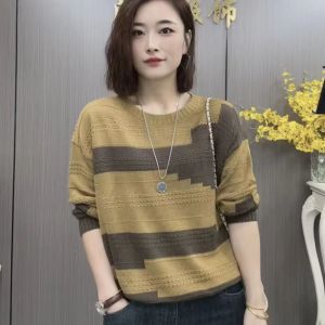 Womens Sweater Contrast Color Stitching Fashion Knitted Sweater Round Neck Fashion Loose All-match Top