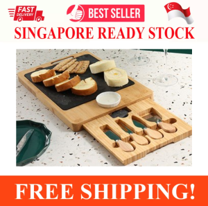 CHEESE BOARD AND KNIFE SET WITH SLATE BOWL AND HIDDEN SLIDE OUT DRAWER (39 BY 26 BY 5CM) 100% NATURAL DURABLE WOOD PERFECT FOR ENERTAINING OF GIFT GIVING