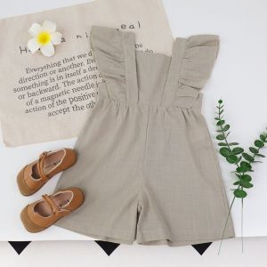 เสื้อผ้าผ้าฝ้ายเด็กผู้หญิงเด็กวัยหัดเดินสีทึบหมีแขนบิน Jumpsuit สำหรับเสื้อผ้าเด็ก2-6ปีบอดี้สูทลำลอง