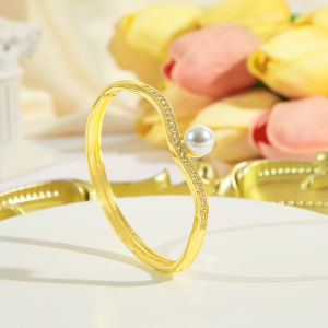 SEQUITO High Quality Ladies Gold Plated Thin Bangle Sparkling AAA Cubic Zirconia Small Pearl Bracelet for Daily Party B350