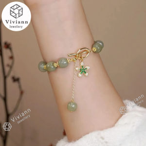 Viviann Original High Quality Hetian Jade Green Flower Pendant Bracelet Women Bangle Jewelry Cuff Bracelet Anniversary Gift Beads Strand Bracelets for Women Girls Charm Bracelet &Bangle