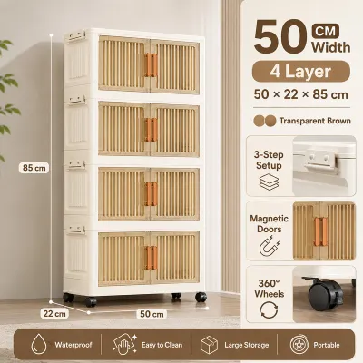 SALVO 50/60CM Tahan Lembablemari Plastik Pakaian Bayi Organizer Hemat Ruang Katrol Senyap Anti Debu Penyimpanan Serbaguna Lemari Susun Lemari Penyimpanan Wardrobe Organisers