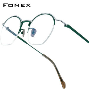 FONEX Pure Titanium Glasses Frame Men Brand Design Semi-Rimless Vintage Retro Round Eyeglasses Women Half-Rim Japanese High-Quality Ultralight Custom Myopia Optical Prescription Eyewear 90035