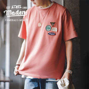 MADEN brand workwear style American mens youth 2025 summer new t-shirt casual embroidery badge short sleeved design with pure cotton round neck Tee