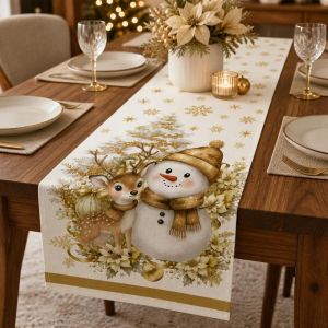 ZSDN MALL Reindeer Christmas Table Runner Tabletop Decoration Santa Snowman Poinsettia Table Runner Holiday Decor Vintage Christmas Tablecloth Christmas