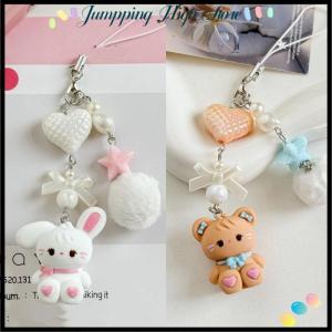 【Jumpping】 Cute Rabbit Kitty Bear Pendant Key Chain Fluffy Ball Bow Bead Mobile Phone Chain Anti-Lost Lanyard Kawaii Bag Charm Gift