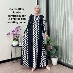 (COD) GAMIS KLOK JUMBO HITAM PUTIH BUNGA GARIS BATIK CAP