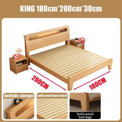 【In Stock-ships within 24H】Katil Queen Solid Wood Bed Frame With Headboard Soft Package Wooden Bed Kayu Rangka Super Single/King Bed 实木床