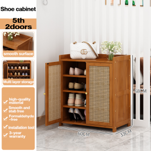 Bamboo mall Shoe Cabinet Multi-Layer With Rattan Door Breathable Bamboo Black Shoe Rack Organizer