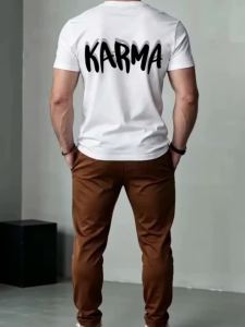 MenS Fashion "KARMA" Graphic Print T-Shirt - a Easy And Relaxed Round-Neck Short-Sleeve Tee Machine Washable for Summer Ideal for Both Summer And All-Year-Round Use Great for Everyday Casual Wear at Home And Outdoors