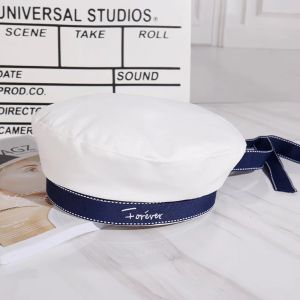 IFFINE Letter Embroidery Sailor Hat Japanese Style Ribbon Bowknot Beret Hat Sweet Breathable Octagonal Cap for School Stage Performance