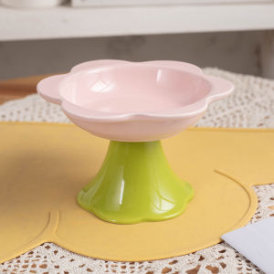 SKISOPGO COD ชามอาหารแมวเซรามิค ชามอาหารสัตว์เลี้ยง ชามแมวดอกไม้ หลักฐานทิป ป้องกันกระดูกสันหลังส่วนคอ