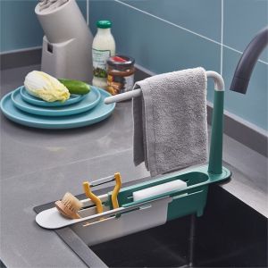 Telescopic sink rack holder expandable storage drain basket dish organizer for home kitchen shelf towel bar soap sponge