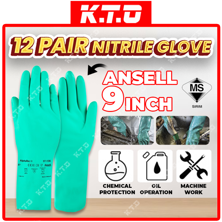 12 Pairs Rubberex Ansell Solvex Green Rubber Nitrile Hand Glove