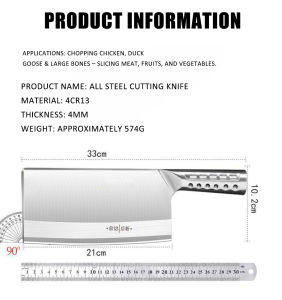 574gFull Tang Kitchen Knife 33cm Total 4mm Thick Spine One-Piece Steel No Crevices Bone Chopping