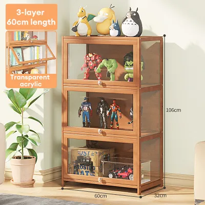 Bamboo Display Cabinet Locker 1/2Doors Acrylic door Transparent Dustproof Moistureproof Bedroom toy display cabinet