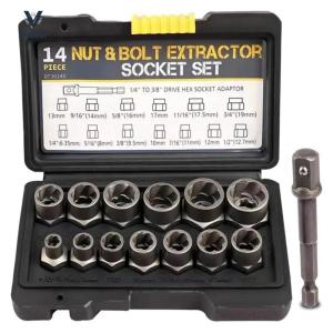 14pcs Bolt Extractor Kit for Rusted Rounded Damaged Nuts and Screws Heavy Duty Automotive Tool Set for Motorcycle Maintenance