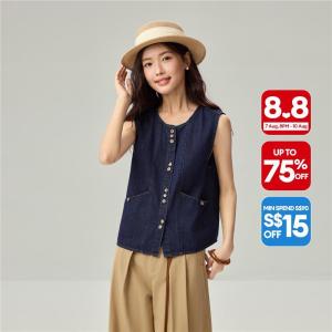 Giordano Women Floral buttons round neck denim vest Free Shipping 18376203