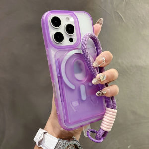 for Magsafe Card Holder Slot Lanyard Case for iPhone 16 15 14 Pro Max Plus 13 12 11 Wallet Wrist Strap Candy Color Matte Cover