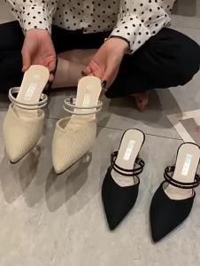 XO Pointed Toe Knitted Slip-On Half Slippers Womens Summer Outdoor Wear French Style Fabric Upgraded Version Comfortable High Heels