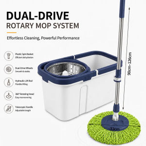 PMOP Mop for floor cleaning With Spinner Metal rod bucket Thickened mop cloth with drain cap Dual Drive roller wheel 360 Easy Rotating