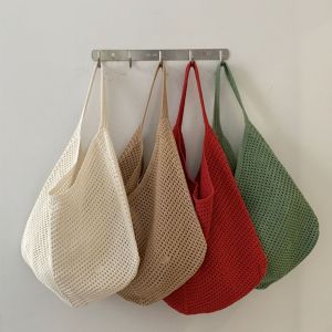 BIGCOUSIN สีพื้น กระเป๋าสะพายไหล่ถัก ทำมือ โบฮีเมียน กระเป๋าถักโครเชต์ ง่าย ความจุขนาดใหญ่ กระเป๋าถัก ผู้หญิง