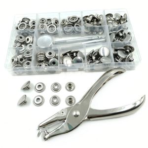 MMLUCK 200Pcs Thép không gỉ Bộ chốt khóa Đóng hộp Mũ đôi Kìm bấm da Đinh Tán Với 3 công cụ sửa chữa Bộ nút bấm Thủ công tự làm