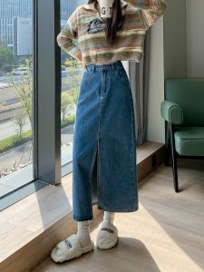 A-Line Rok Jeans Wanita Korea Kekinian Highwaist Rok Jeans Wanita Rok denim split gaya kekinian