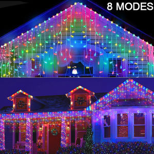 200LED Solar Icicle Light Fairy String Lights Eaves Decor with 16Drops for Outdoor Curtain Wedding Party Hallowee Stair Decor Christmas mall decoration