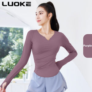 Luoke sport shirt for women New Running Sports Fitness Breathable Quick Dry Tight Womens Solid V-Neck Pullover Long Sleeve Yoga Top