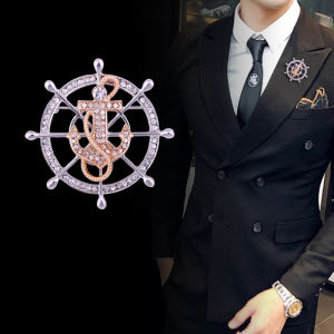 1Pc Navy Style Fake Navigation Brooch Mens Rhinestone Ship Rudder Anchor Design High End Two Tone Brooch Coat Accessories